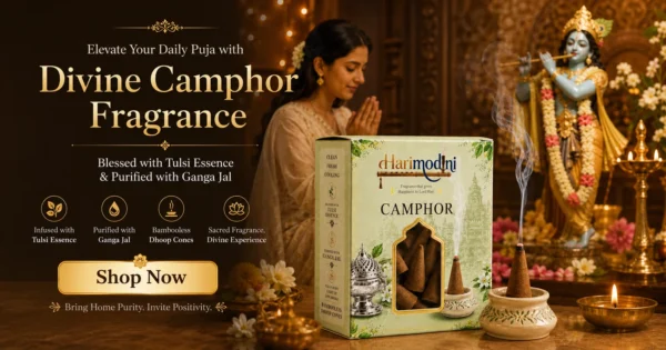 Harimodini Camphor Dhoop Cones with a woman praying before a Krishna idol