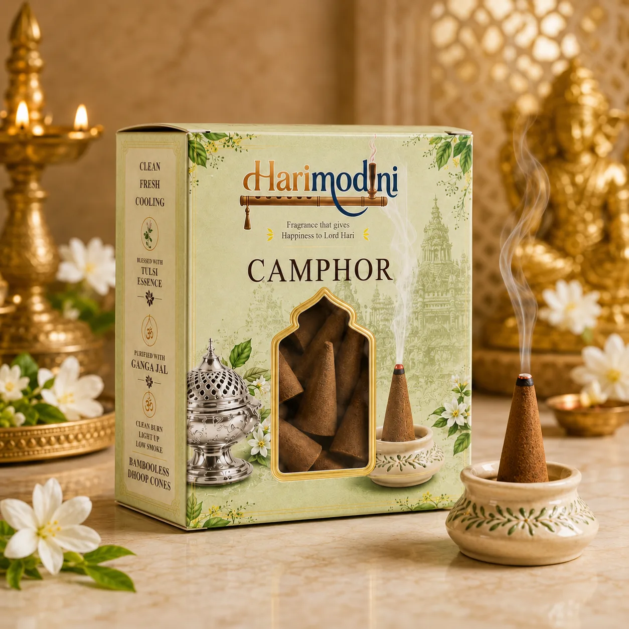 Harimodini Camphor Dhoop Cones box with transparent window and burning cone in ceramic holder