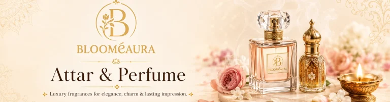 Bloomeaura luxury shop header featuring attar bottle, perfume bottle, floral petals, warm golden accents, and elegant fragrance theme for premium perfumes and attars.
