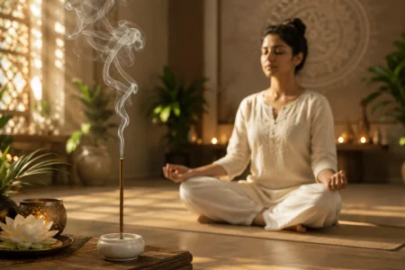 Woman meditating beside a burning Harimodini bamboo-less dhoop stick in a peaceful meditation center